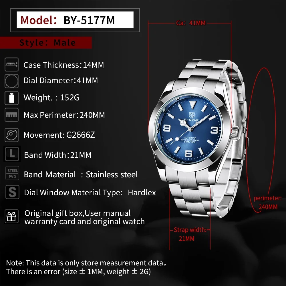 BENYAR 2020 New Stainless Steel Automatic Men Watches Brand Waterproof Luxury Men Mechanical Wristwatch Relogio Masculino 5177