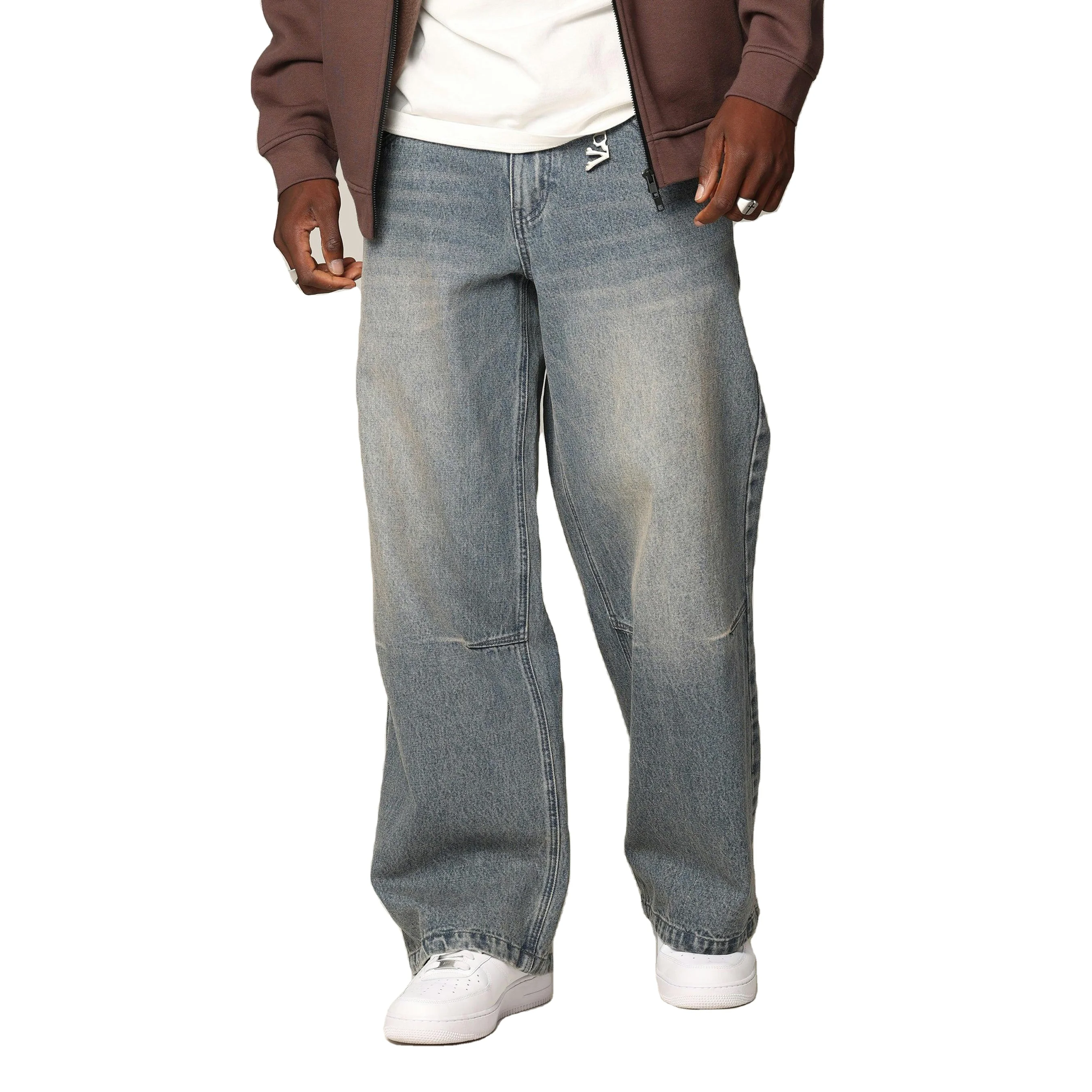 Shop Trendy Pleated Knee Baggy Denim Jeans with Custom Logo FIFTH Pleated Knee Loose Fit Baggy Pants