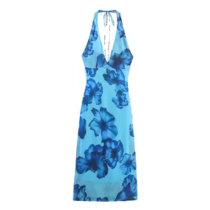 Blue Color Floral Print Back Hollow Out Lace up Casual Fashion Summer Chiffon Halter Long Maxi Dress for Women