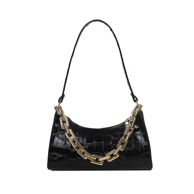 Fashionable and Minimalist Hand-Held Crocodile Pattern Single Shoulder Underarm Bag PU Material with Chain Square Design
