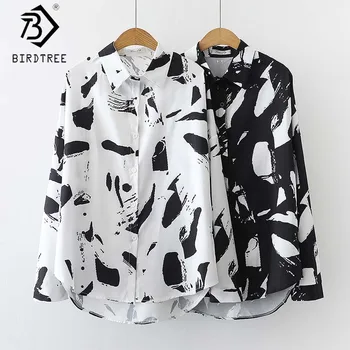 Japanese Korean Blouses For Women Print Chiffon White Black Blouse Shirt Loose Long Sleeve Tops T09305W