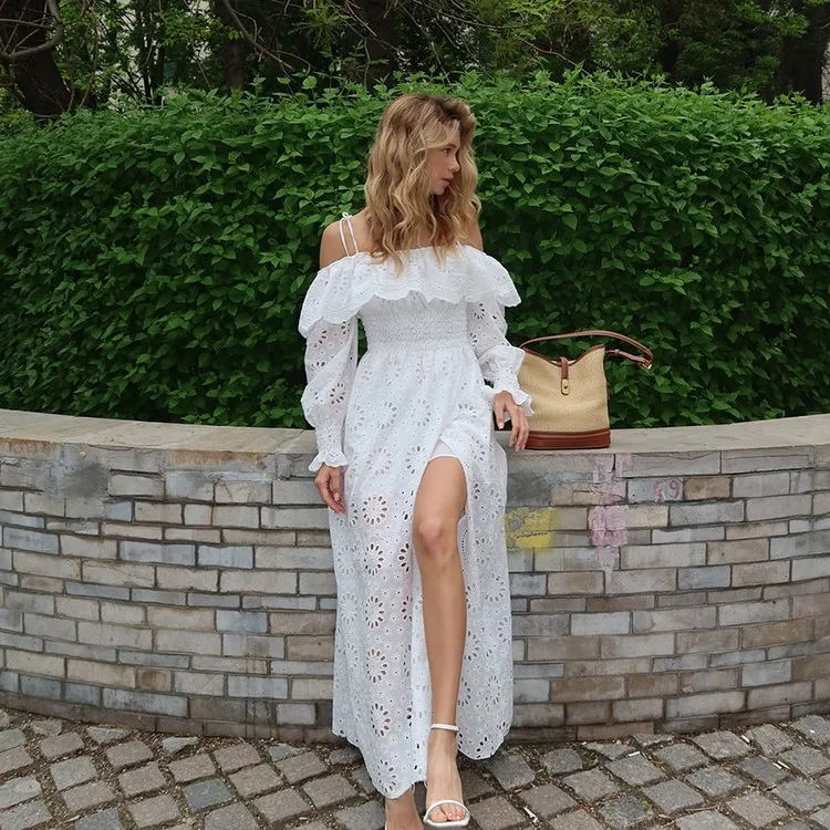 Women's Elegant French Style White Dress Hollow Out Design Pure Cotton Off Shoulder Split Waist Ruffle Long Sleeve Ladies Dress| Alibaba.com Women's Elegant French Style White Dress Hollow Out Design Pure Cotton Off Shoulder Split Waist Ruffle Long Sleeve Ladies Dress| Alibaba.com