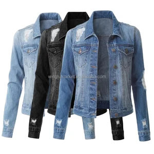 Wholesale Distressed Ripped Jackets Ladies Slim Fit Custom Jean Coat Plus Size Long Sleeve Blue Black Denim Crop Jacket Women