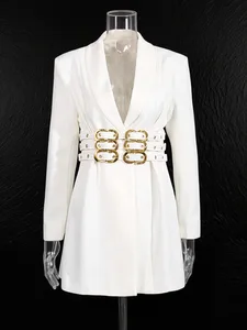 Euro-American Style Deep V Metal Buckle Waist-Cinching Blazer Dress for Women - Tailored Fabric Party Office Evening Gown