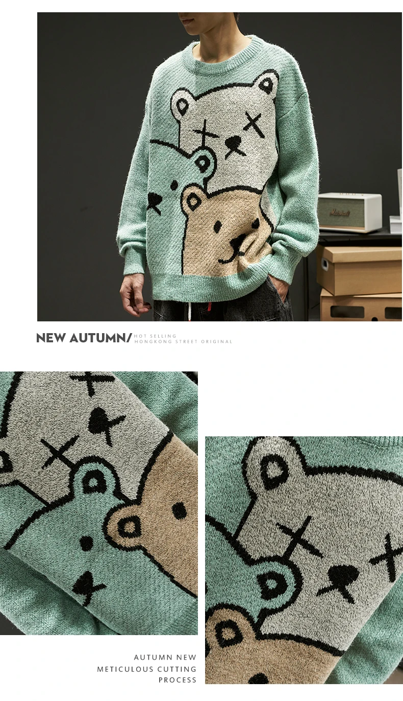 Luxury Large Cartoon Bear Pattern Mens Knitted Sweater Streetwear O-Neck  Slim Long Sleeved Pullover Sweaters