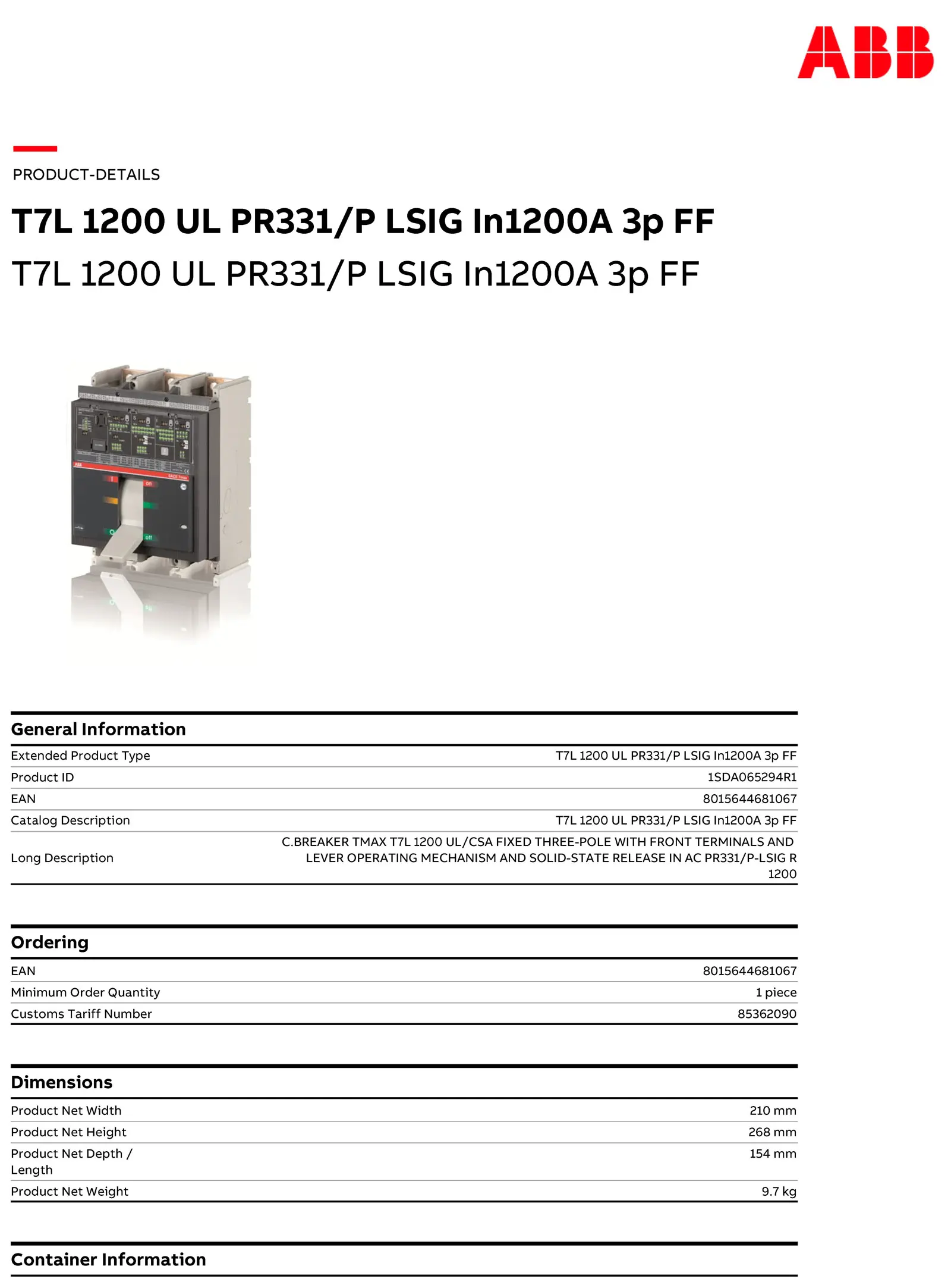 original T7L 1200 UL489 PR331/P LSIG In1200A 3p FF 1SDA065294R1 8015644681067 MCCB Molded Case Circuit Breaker