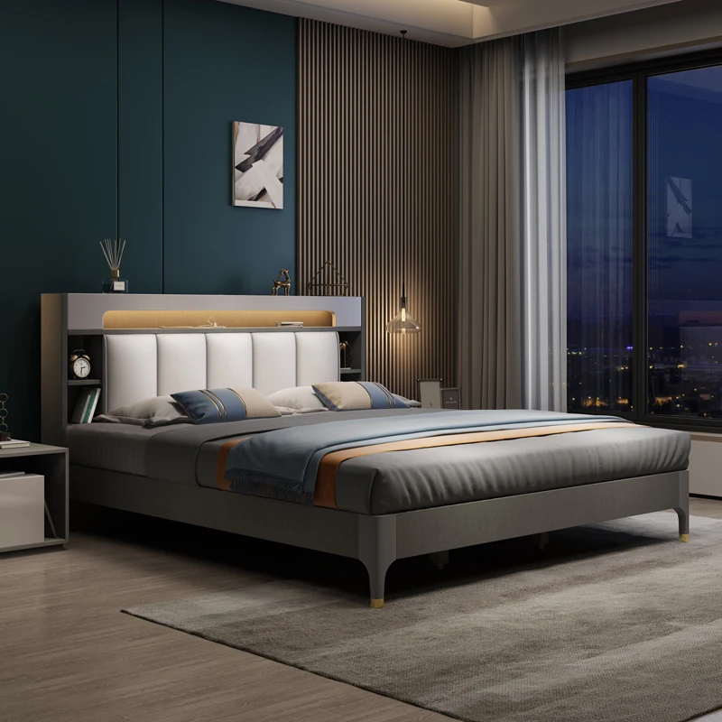 Luxury Upholstered Leather Multiple Function Bed Modern Home king Size Bed Frame with Headboard and Mattress Wooden Bed