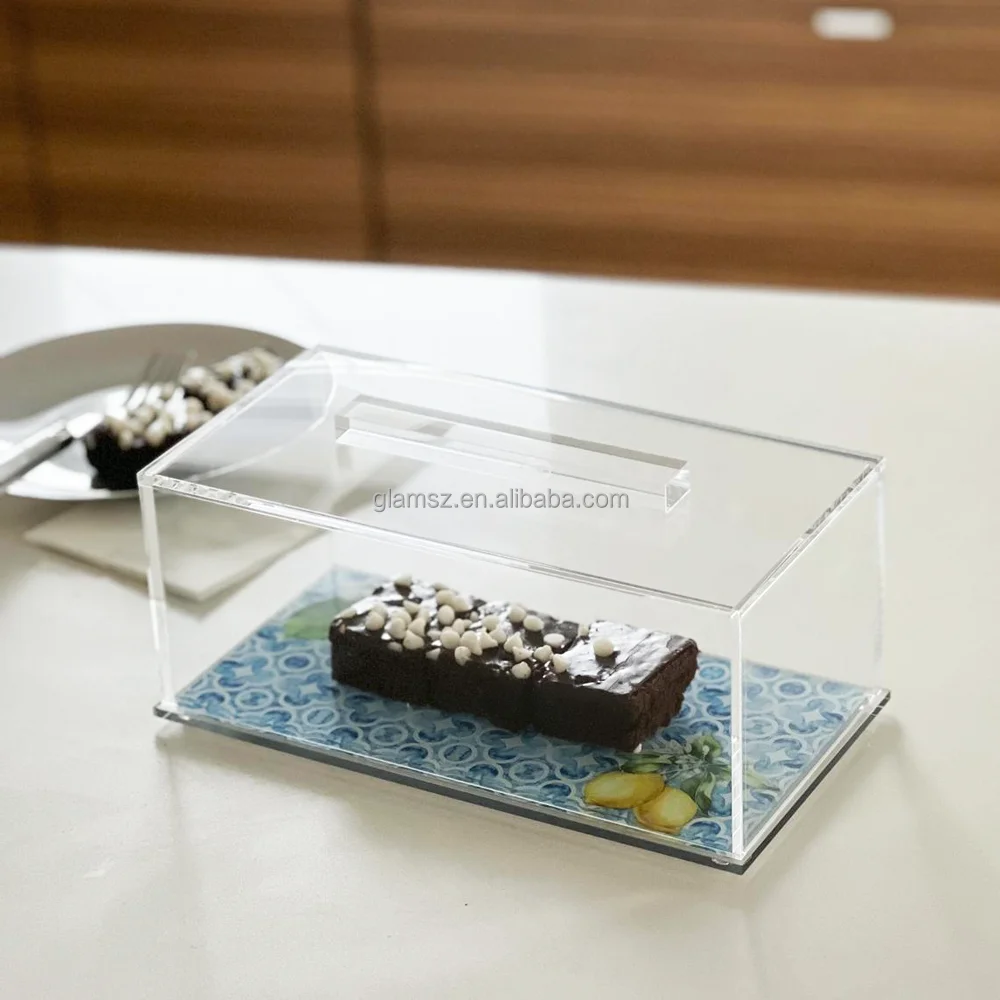 Clear Marble Color Base Lucite Rectangular Bread Dome Acrylic Cake Tray With Lid