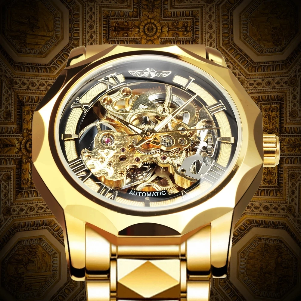 FORSINING Orologi Scheletrati per Uomo, Orologio Meccanico Automatico con Quadrante Triangolare, Orologi Luminosi a Carica Automatica Braccialetto in Acciaio Inossidabile o Cinturino in Silicone
