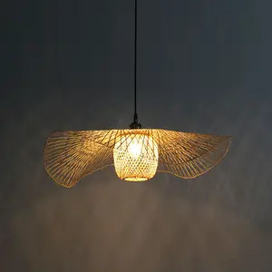 Handmade Wicker Art Rattan Chandelier Lighting Kitchen Vintage Bamboo Woven Pendant Light for Restaurant