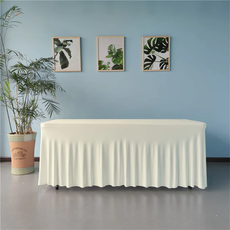 Rectangle polyester banquet elastic stretch table cover outdoor ruffled spandex wedding table cloth skirt