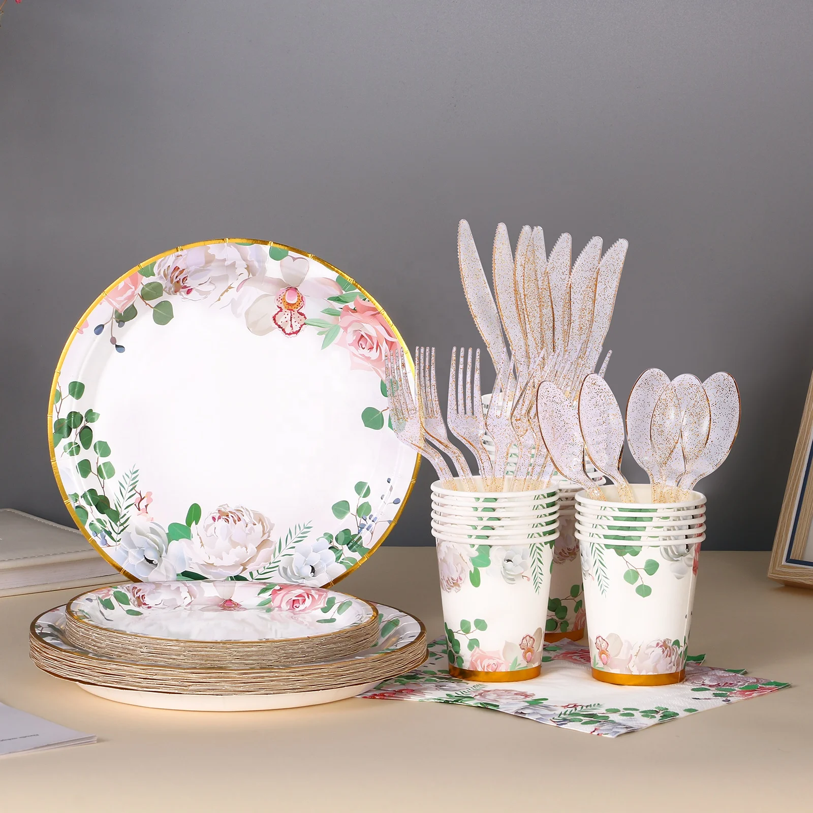 Cheap Luxury Party Supplies Wedding Disposable Tableware Sets Bridal Shower Floral Paper Plates