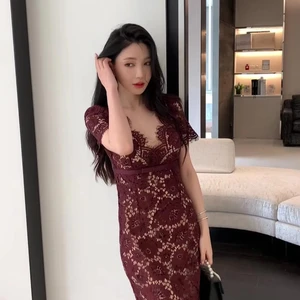 Bettergirl 2025 Winter New White Dress Long Sleeve V-neck Floral Lace Elegant Evening Dress
