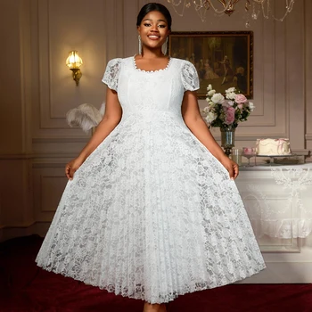 AM050345 Square Neck Short Sleeve a Line Elegant Formal Plus Size White Maxi Lace Pleated Dress