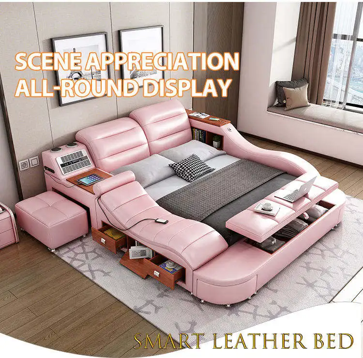 Modern Genuine And Simulate Leather Smart Bed With Massage Multi