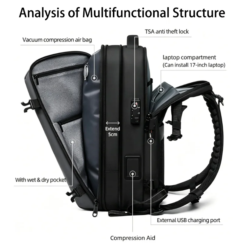 Vacuum Backpack Vacuum Compression Backpack Laptop Backpack USB Charging Travel Business Backpack with Air Pump for Man Woman