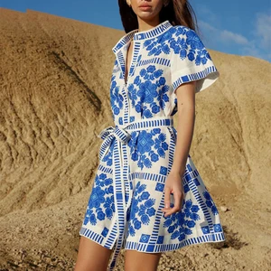 2026 Summer  Women's Clothing Short Sleeves A-line Dress Floral Printed Strappy Casual Dress  for Ladies