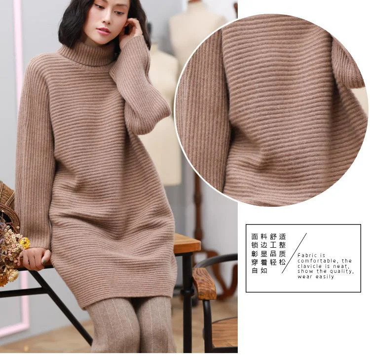 FA Custom Office Women Sweater Dress Vintage Ladies  Cashmere Wool Knit Jumper Long Sweater Women knitted Pullover Dress