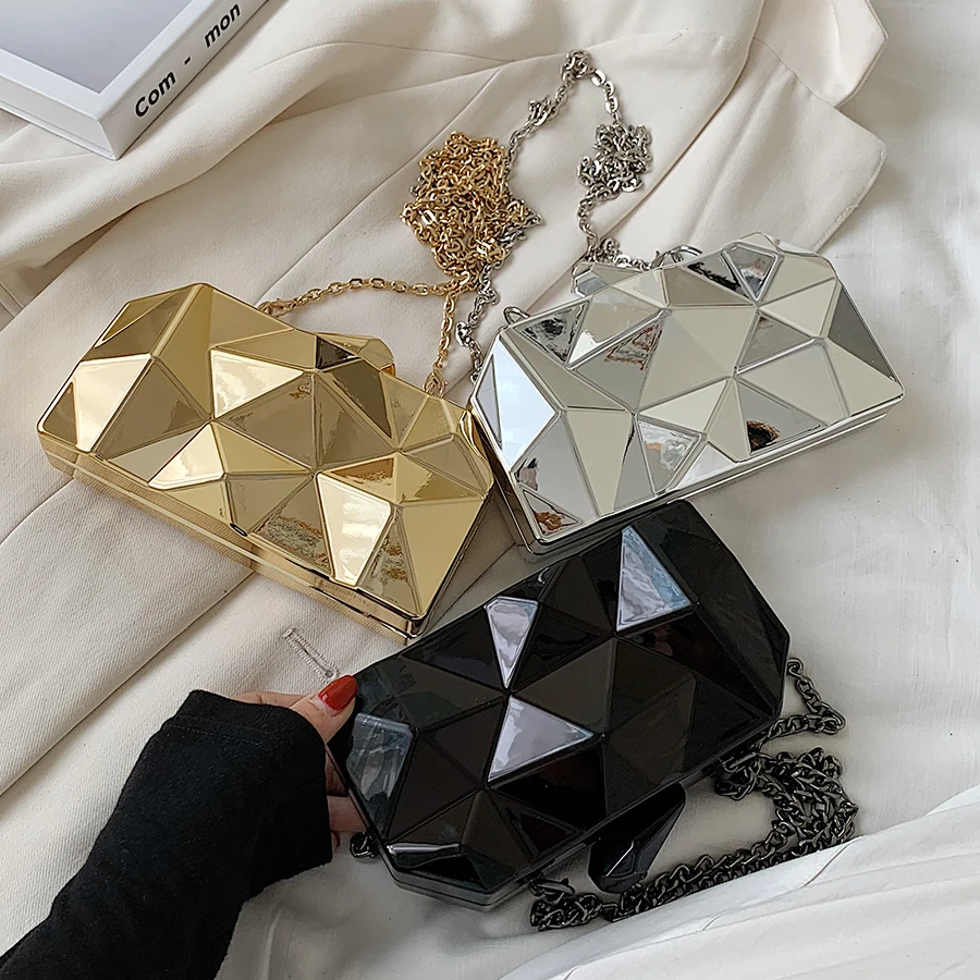 Concave And Convex Design Clutch Bag Gold Silver Box Design Party Evening  Chain Shoulder Crossbody Bags Mini Purses And Handbags