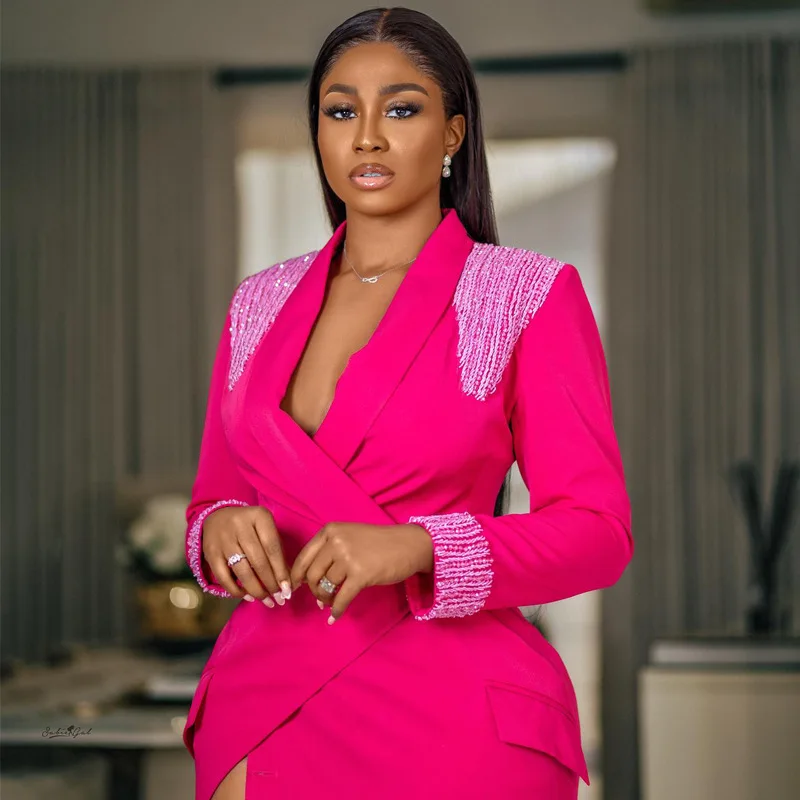 Plus Size Pink Blazer Dress Outfit Red Roses Dress Elegant Plus