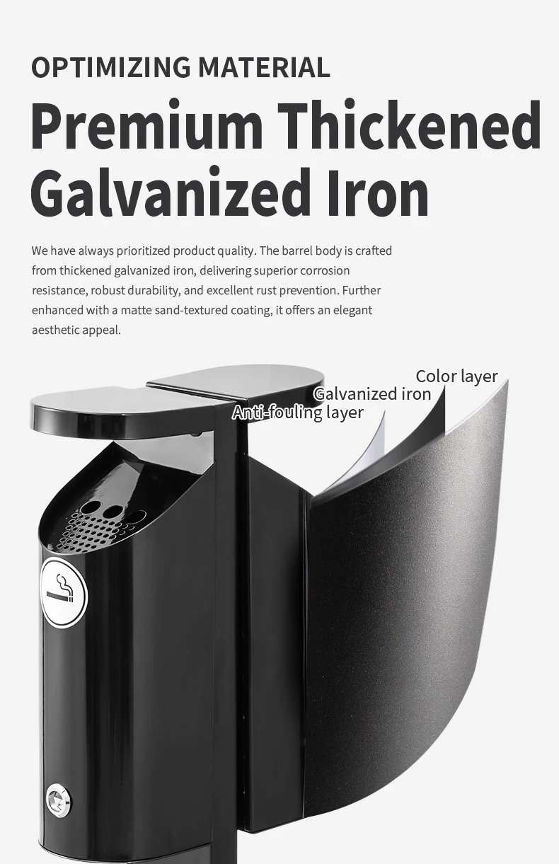 Black Galvanized Steel Sidewalk Ashtray Fireproof Ashtray for Smoking Area Two Trash Bin Smoking Column Accept Fixed on