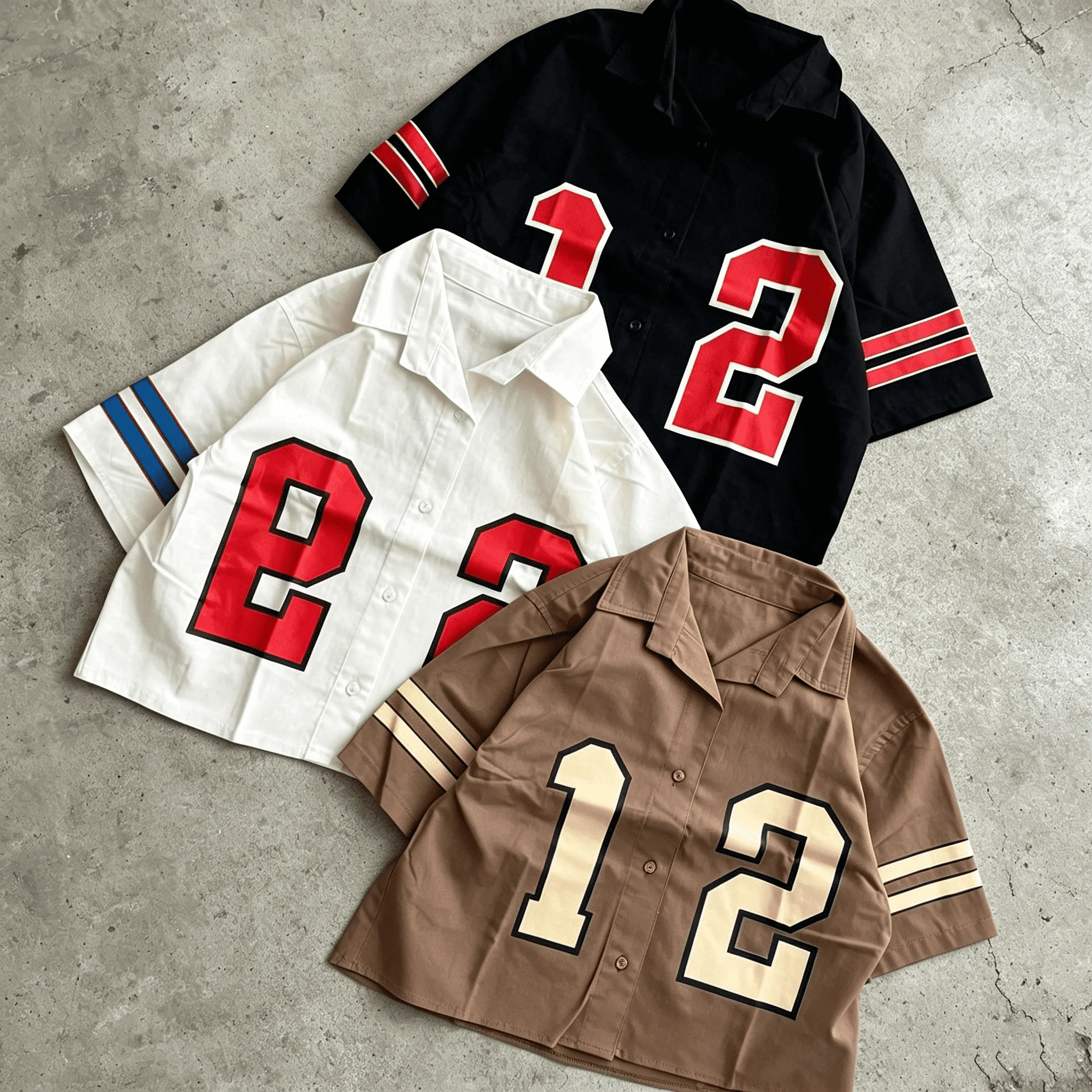 Men Vintage Varsity Baseball Short Sleeve Shirt Striped Cuff Number Print Oversized Boxy Streetwear Button Up Top gallery 3