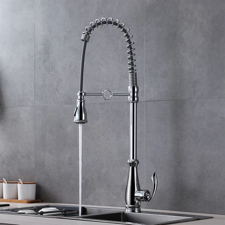 Grifo monomando para fregadero de cocina con resorte extraíble montado en cubierta dorada