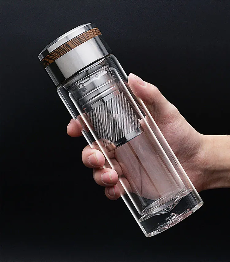 Wholesale Custom Logo 350ml Clear Double Wall Glass Water Bottle With