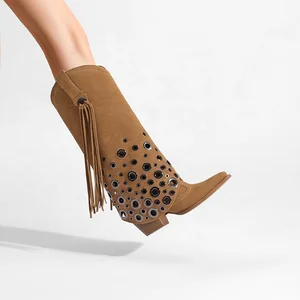 Customizable Moncheer Women's Suede Fringe Tassel Western Square Toe Knee-High Chunky Heel Pull-On Boots Comfortable Height