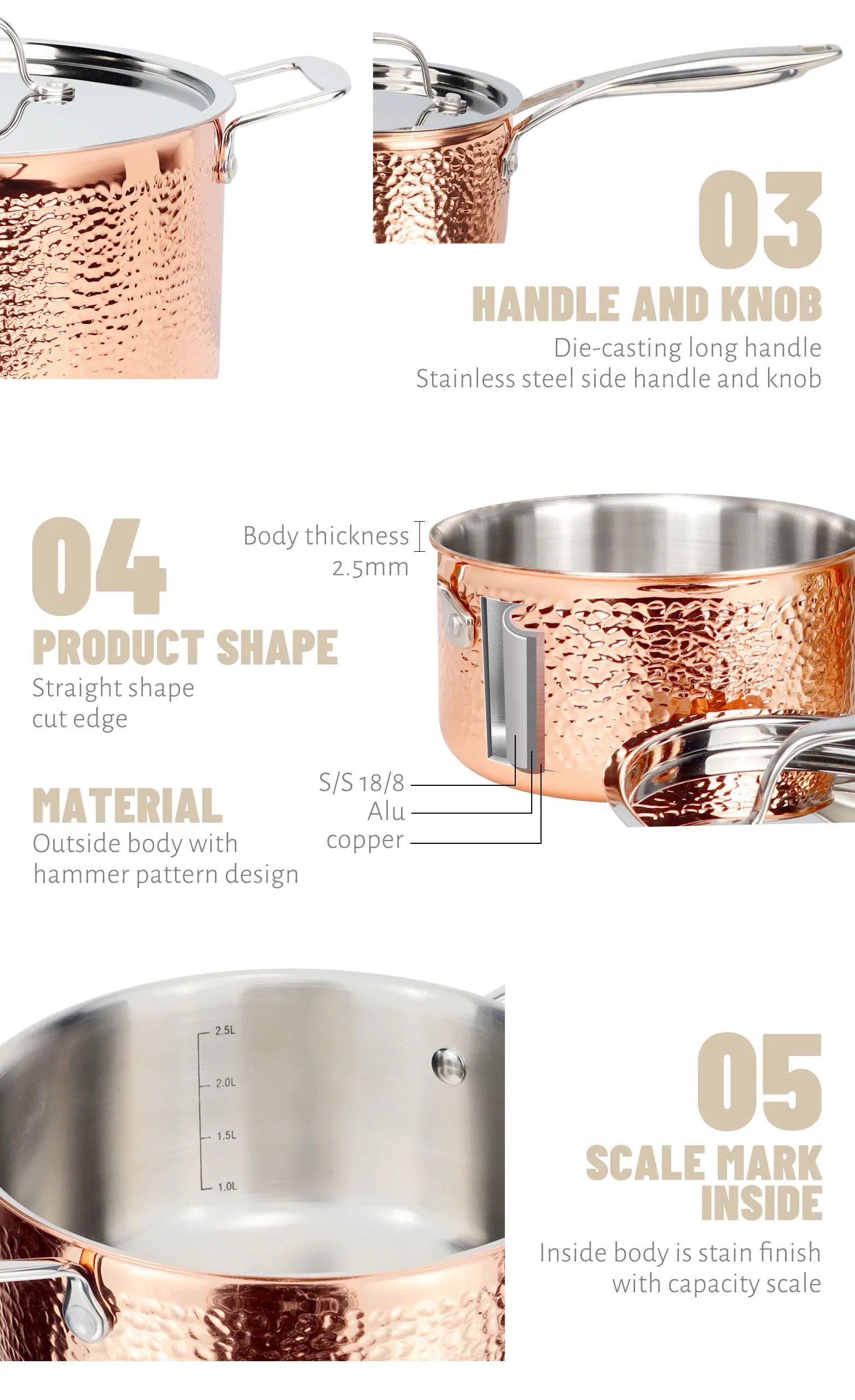 Factory Customized 7 Pcs Copper Cooking Set Stainless Steel Cookware