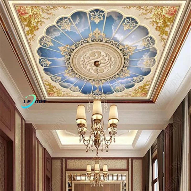 LeArt Plafond Pvc European Palace Style Artistic Decorative Gold Stretch Ceiling Design