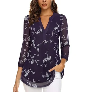 Women's 3/4 Sleeve Blouses Casual V Neck Dress Shirts Double Layers Mesh Tunics Tops Asymmetric Tunic