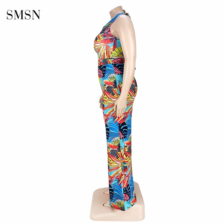 SMSN OSINA New Trendy Tropical Print Backless Halter Jumpsuit Pants Wide Leg Summer Plus Size Women Jumpsuits And Rompers