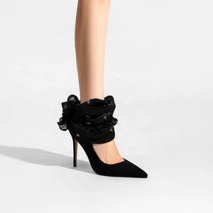 Custom Women's Formal Black Thin Heel Pumps Ruffled Organza Embellishment Slip-On Closure Rhinestone Summer Autumn
