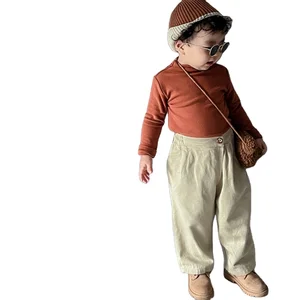 Autumn New Unisex Cropped Wide-Leg Trousers Pants for Boys and Girls Solid Color Washed Technique