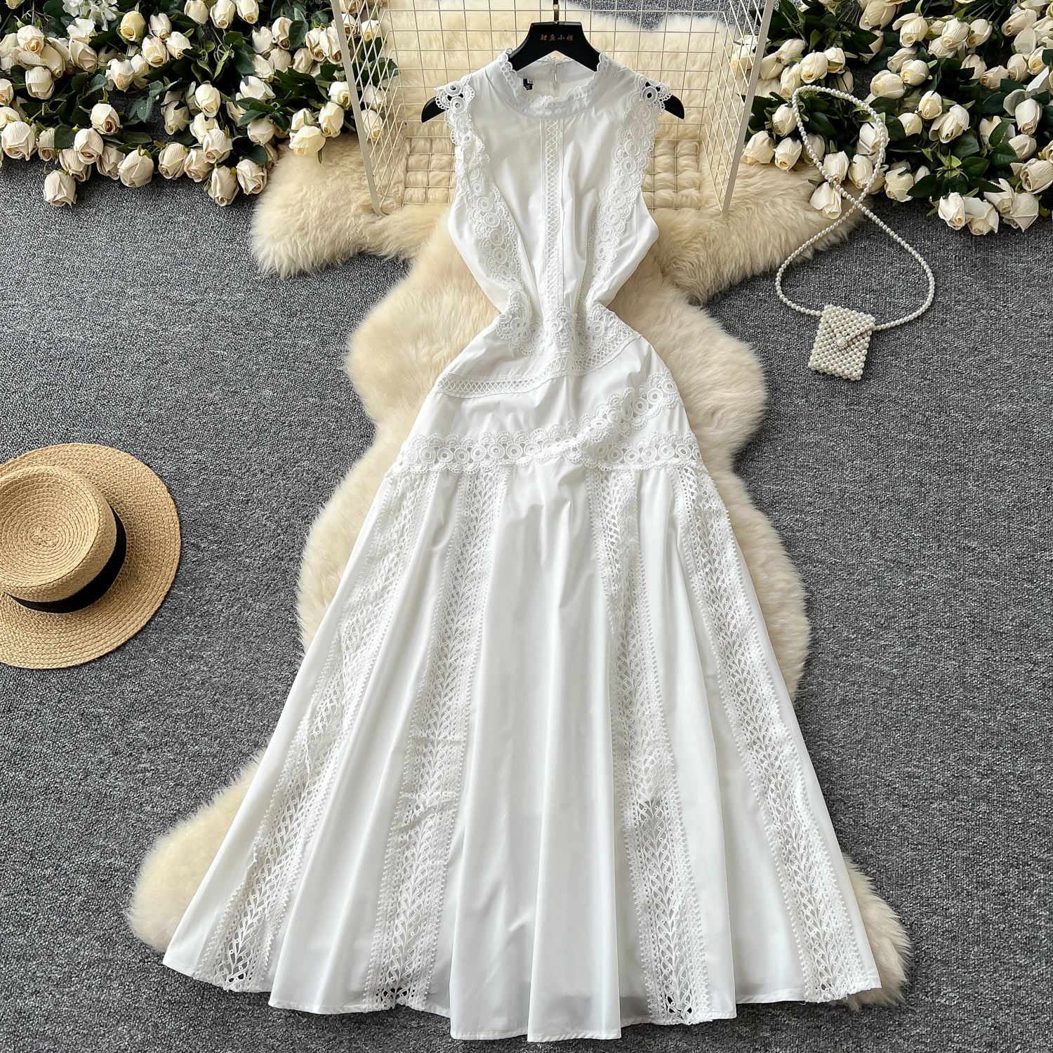Ladies Clothes Sleeveless Lace Panel Dress Women'S Hollow-Out Long Dresses  Women Lady Elegant Casual Dresses