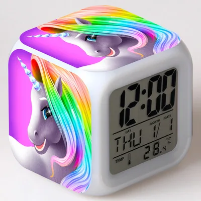 EMAF Professional Sublimation Blanks Custom Logo Plastic Cube LED Color Change Digital Alarm Clock Kids Cartoon Pattern Clock