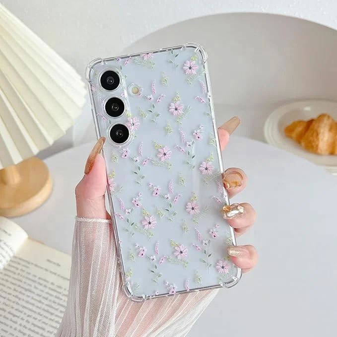 Laudtec Clear Cute Flower Pattern for Women Girls Case for Samsung S24 Protective Shockproof Slim Bumper Phone Cover Case