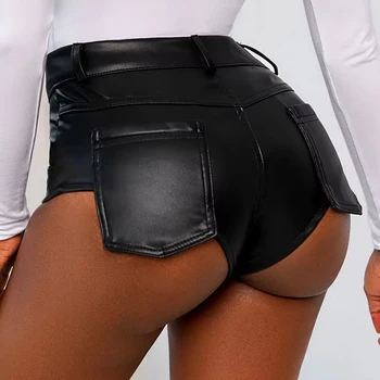 New Sexy Summer and Autumn Stretch Plus Size Tight Black Faux Leather Shorts Casual Shorts Leather Pants for Women