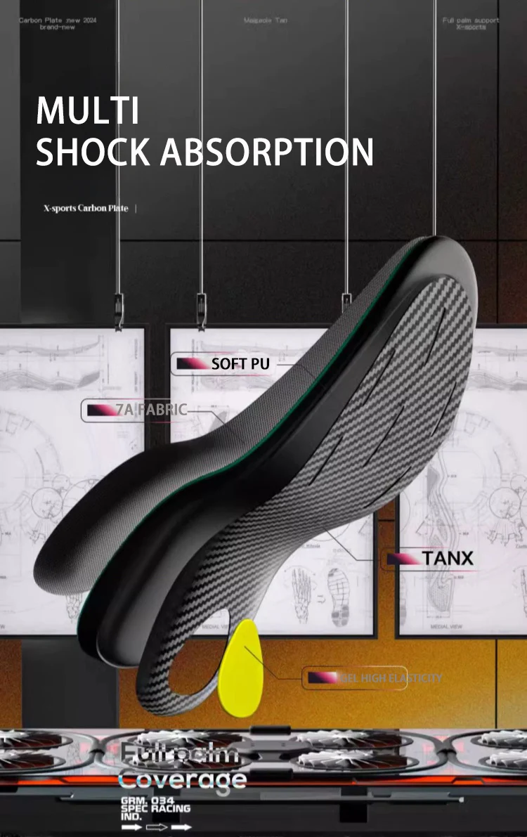 Curved Carbon Fiber Insoles Stable Arch Support Anti-Slip Powerful Rebound Sport Footbeds Gel PU Carbon Basketball Shoe Inserts
