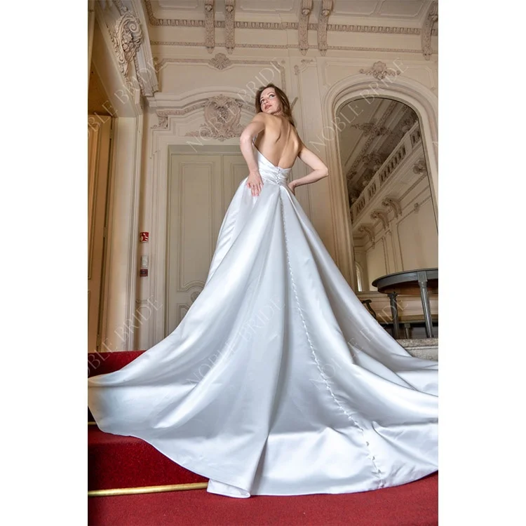 Supplier Wholesale Satin Strapless High Slit Roupa Vestido Largo de Mujer Wedding Gown Mikado Haute Couture Tailed Bridal Dress