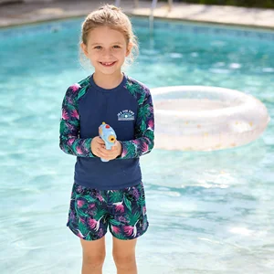 OEM Custom UPF50+ Girls' Two-Piece Swimsuit Long-Sleeve Tropical Print Front Print Quick Dry Breathable Family Beach Vacation