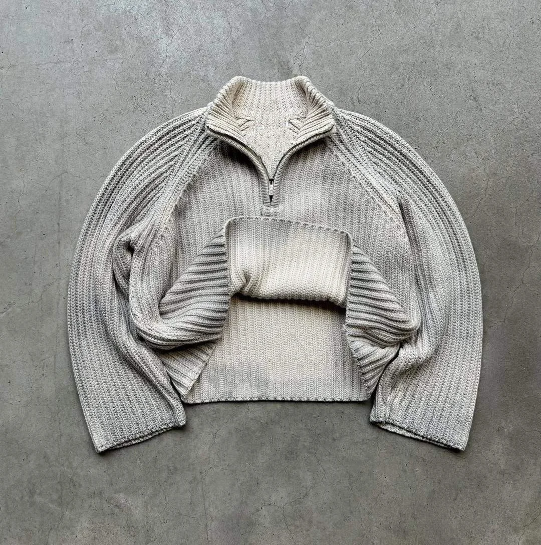 Knitwear Manufacturers Custom Design Logo Ribbed Vintage Acid Wash Knitted Jumper Streetwear Pull Homme Half Zip Sweater Men gallery 7