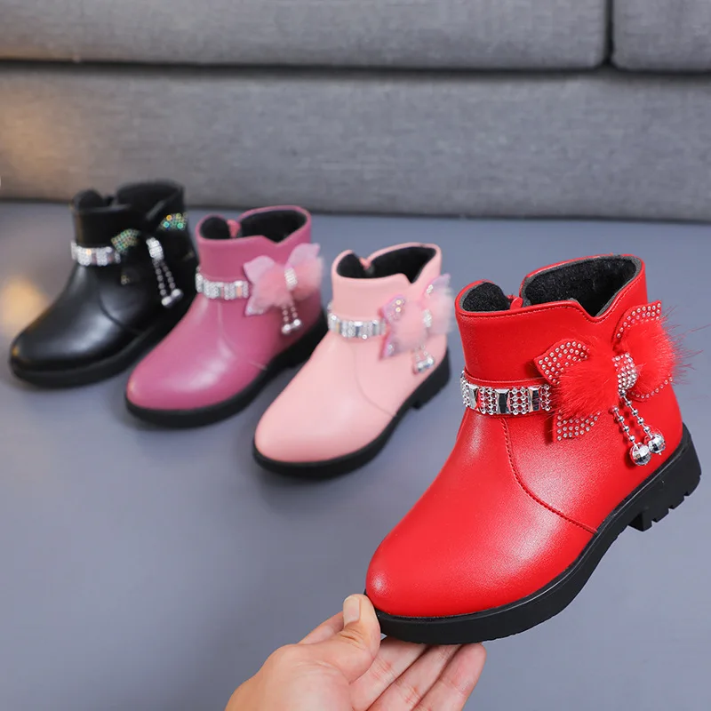 Winter Kids Designer Child Non-Slip Girls Kids Winter Boots Bow Soft Sole Thickened Thermal Pu Leather Kids Boots Girls
