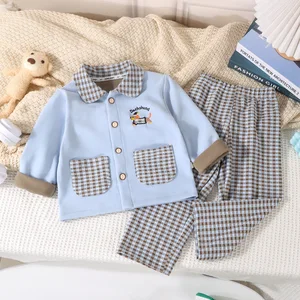 Children's pajamas for autumn and winter new boys' and girls' frosted velvet checkered home wear for 0-9 years old two-piece set