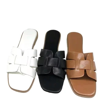 Lady Shoes Flat Casual Fashion H Belt Slipper Pu Leather Women Beach Sandals Outdoor Casual One Thong Comfortable Slipper