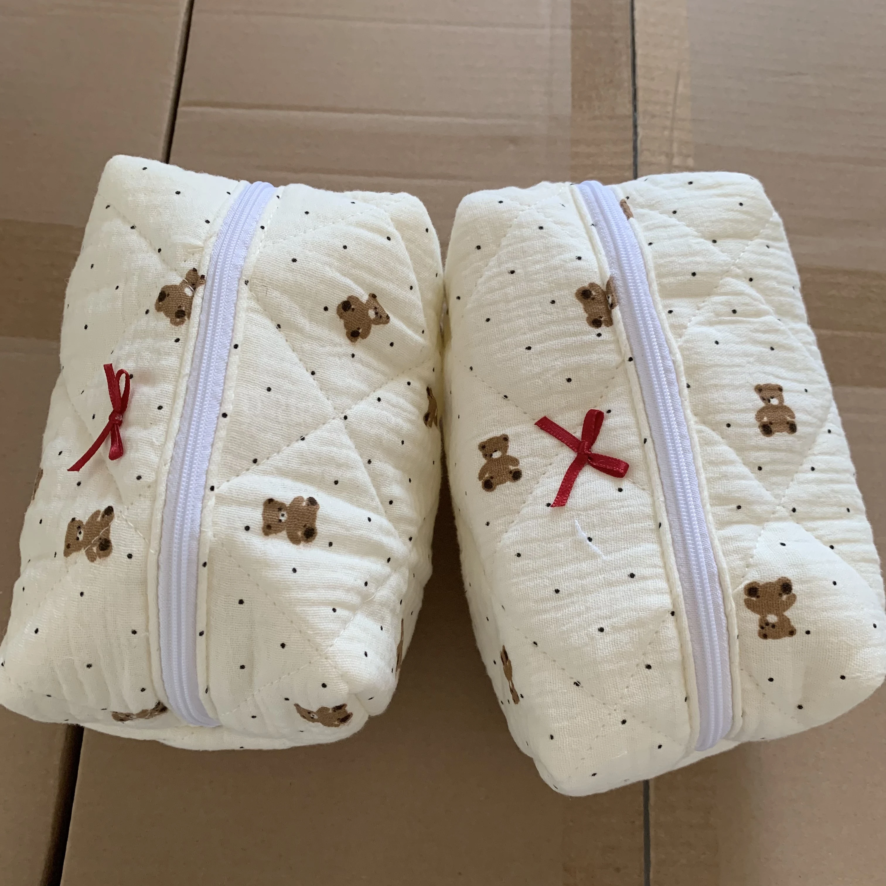 Teddy Bear Quilted Makeup Pouch Cute Aesthetic Bag - Main Image