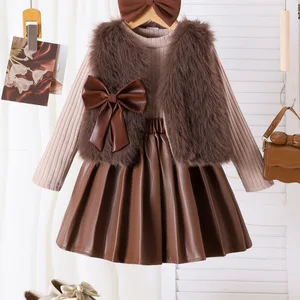 2026 Autumn Winter 4-7Y Girls Clothes European American Fleece Bow Vest Long Sleeve Top Pleated Skirts 3pcs Children Clothing
