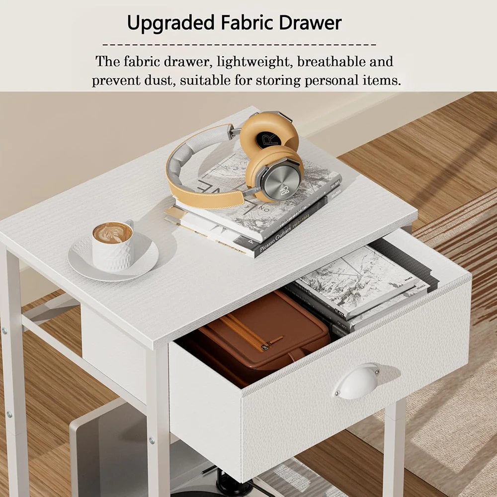 product white modern woodenmetal nightstand with fabric drawer small side table for dorm  home 2 tier storage shelves-7