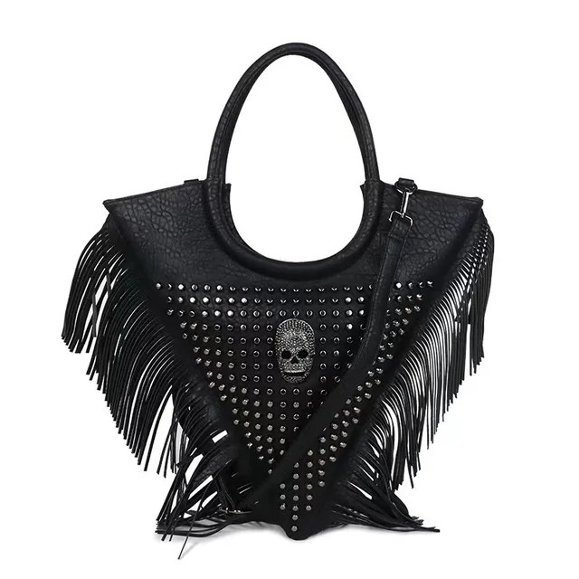 Fashion PU Leather Ghost Head Bag Black Personality Tassel Messenger Bag Triangular Rivet Bag Street Style Skull Handbag